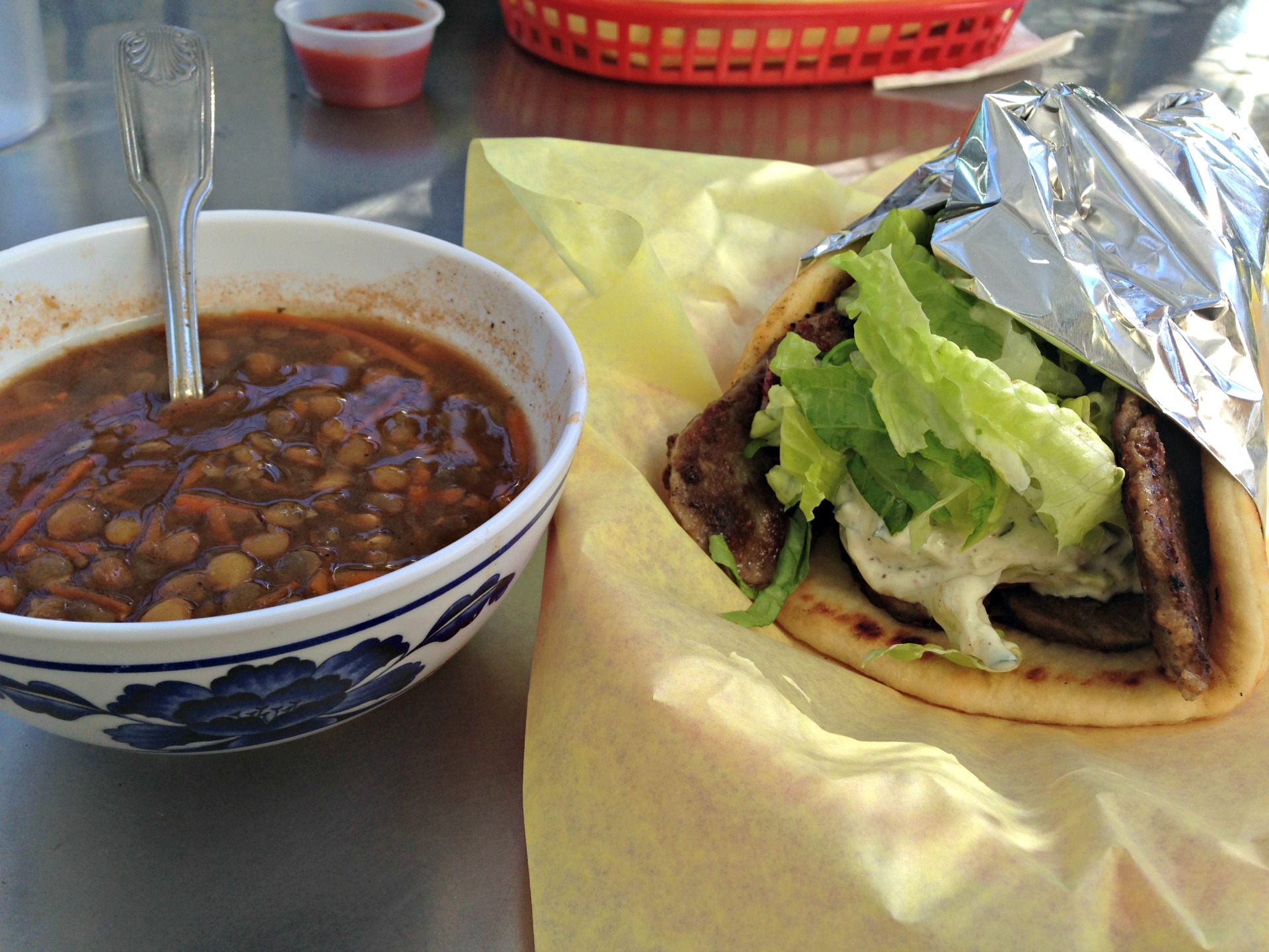 A lamb and beef gyro (plus free soup) at Wally's Cafe.
