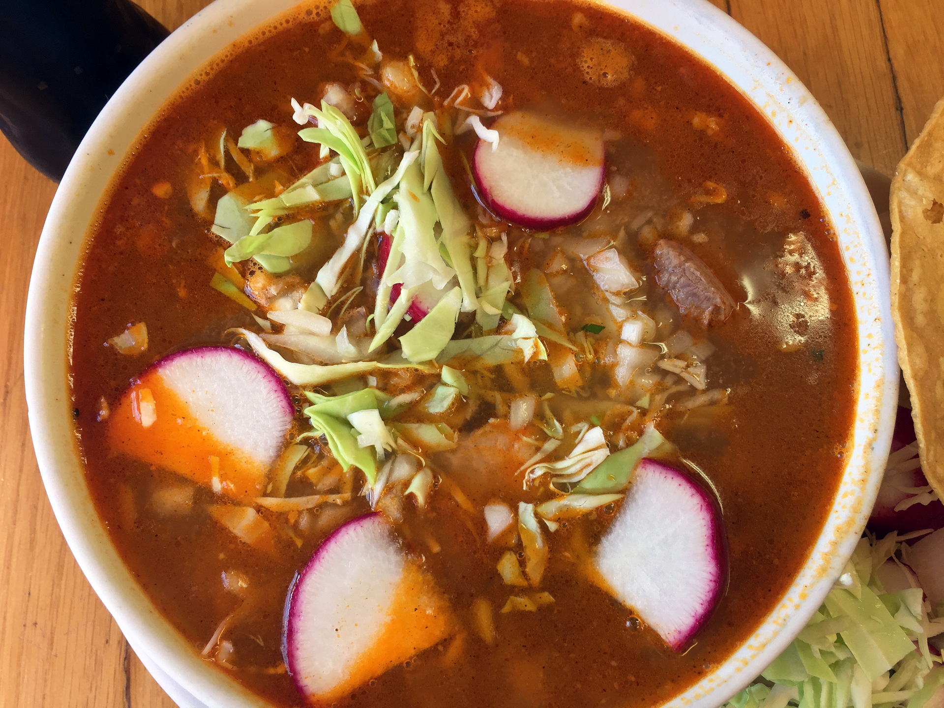 Perfectly balanced red pozole at Portumex in Richmond.