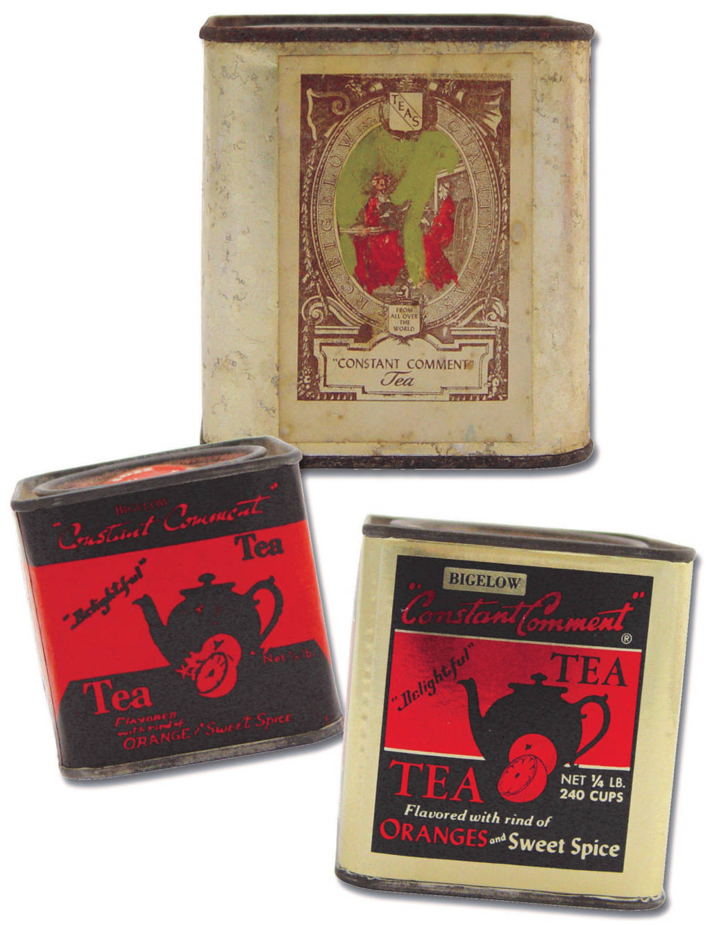 Constant Comment was first sold in tins wrapped in gold foil. The family could only afford single color labels for the first tea tins. So David Sr. and his son, David Jr., would hand-paint the red ladies on the labels.
