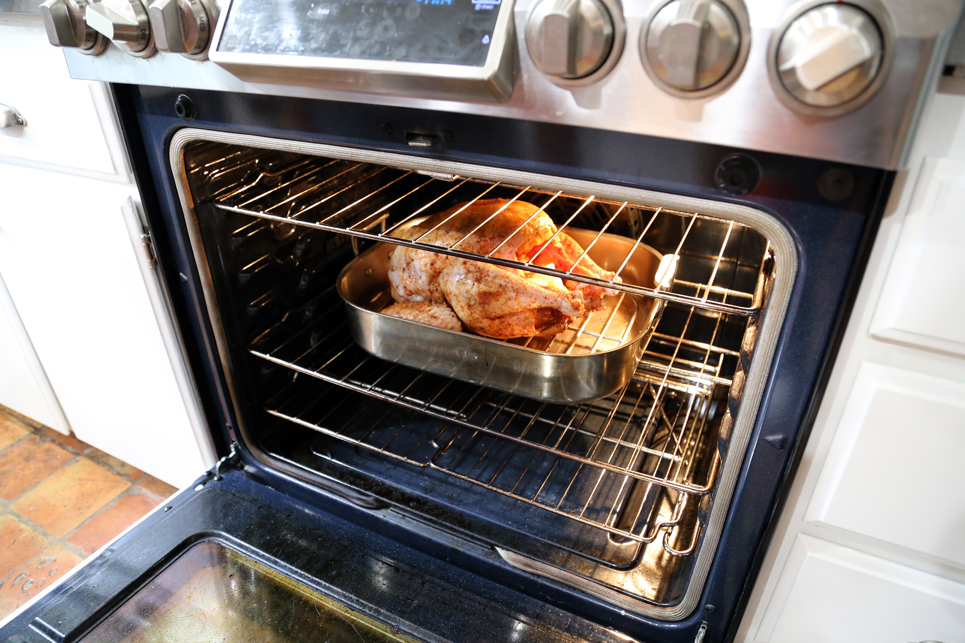 Roast the turkey in the oven per instructions.