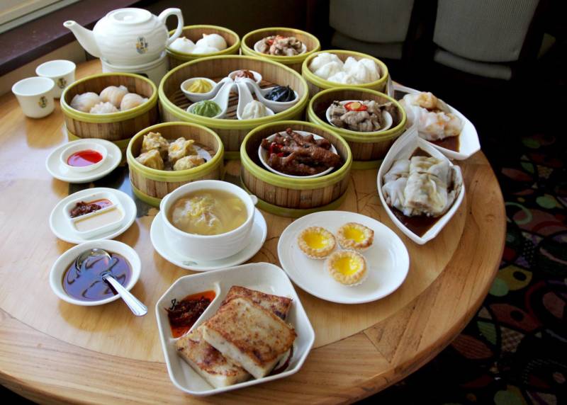Dim sum plates and tea at Koi Palace.