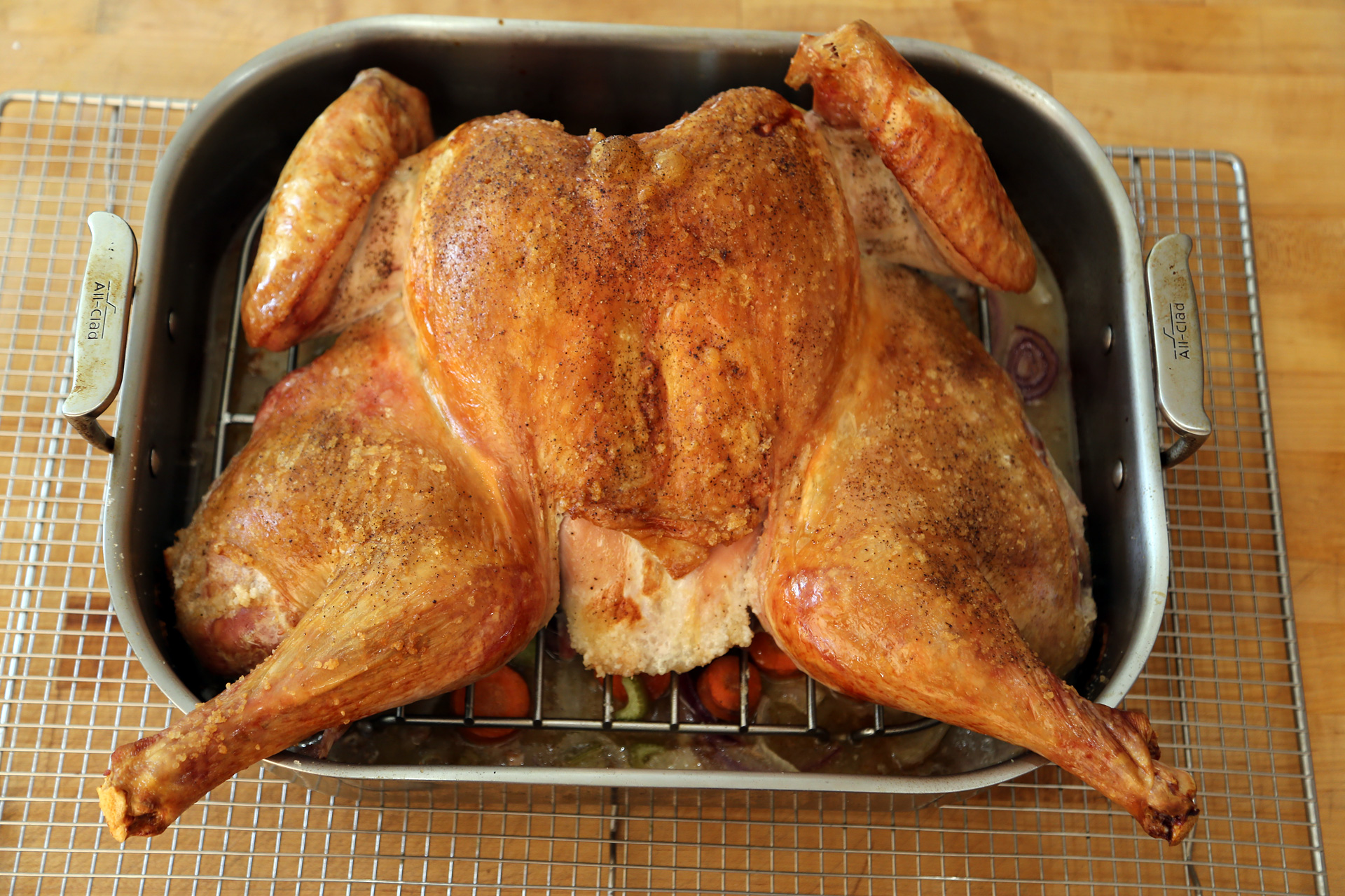 Spatchcocked Roast Turkey in roasting pan