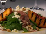 Arugula Salad with Grilled Peaches, Prosciutto, Hazel Nuts and Pt. Reyes Original Blue