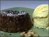 Chocolate Souffle Cake with Tahitian Vanilla Ice Cream and Hazelnuts