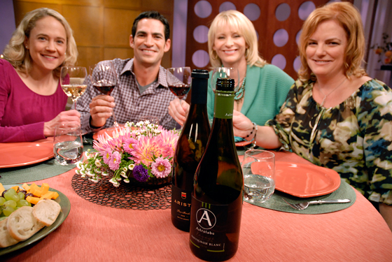 Check, Please! Bay Area guests and host on set with wines from episode 612