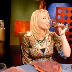 Leslie Sbrocco drinking on the set of Check, Please! Bay Area - episode 703