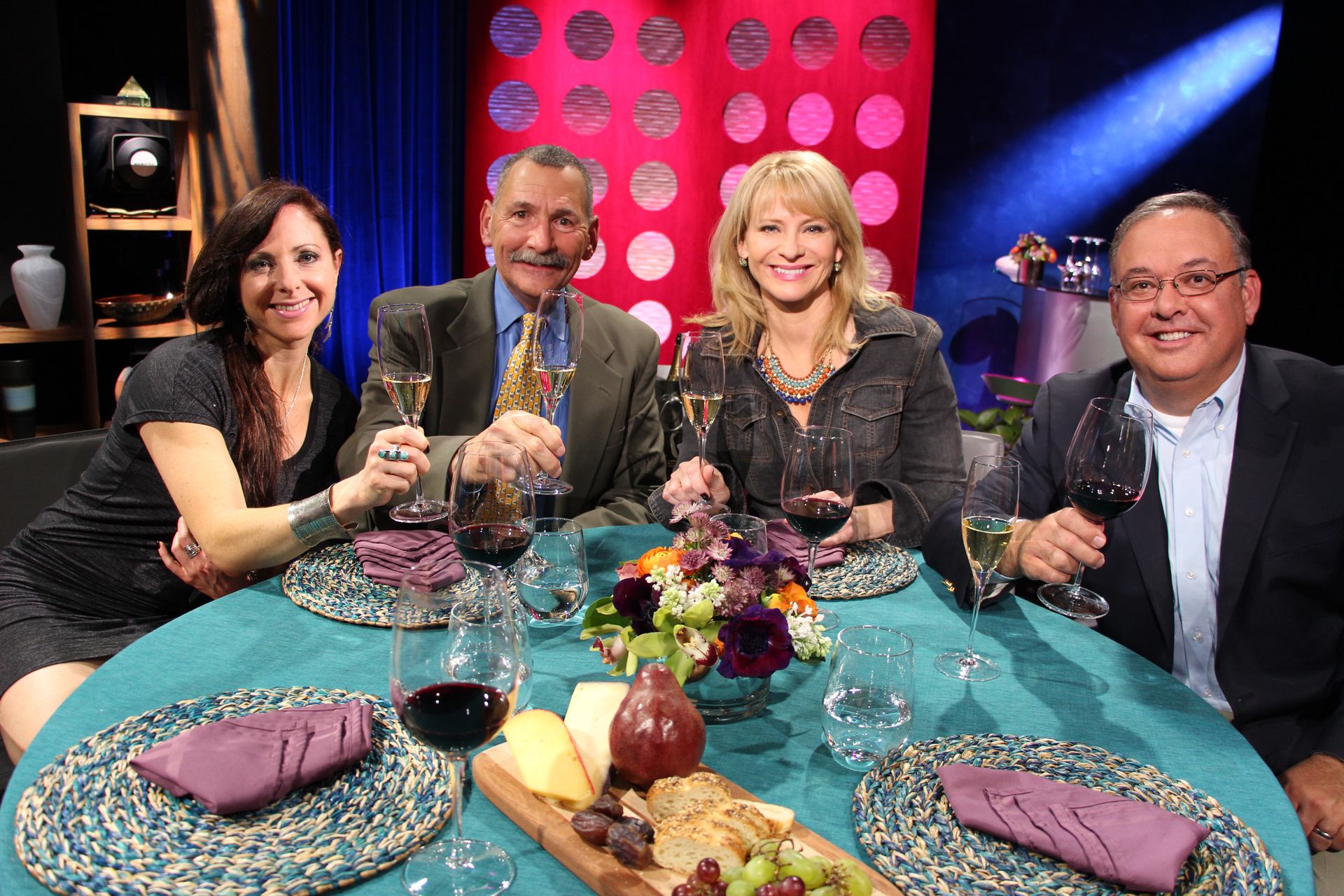Check, Please! Bay Area host Leslie Sbrocco and guests on set for the third episode of Season 10. Photo: Wendy Goodfriend