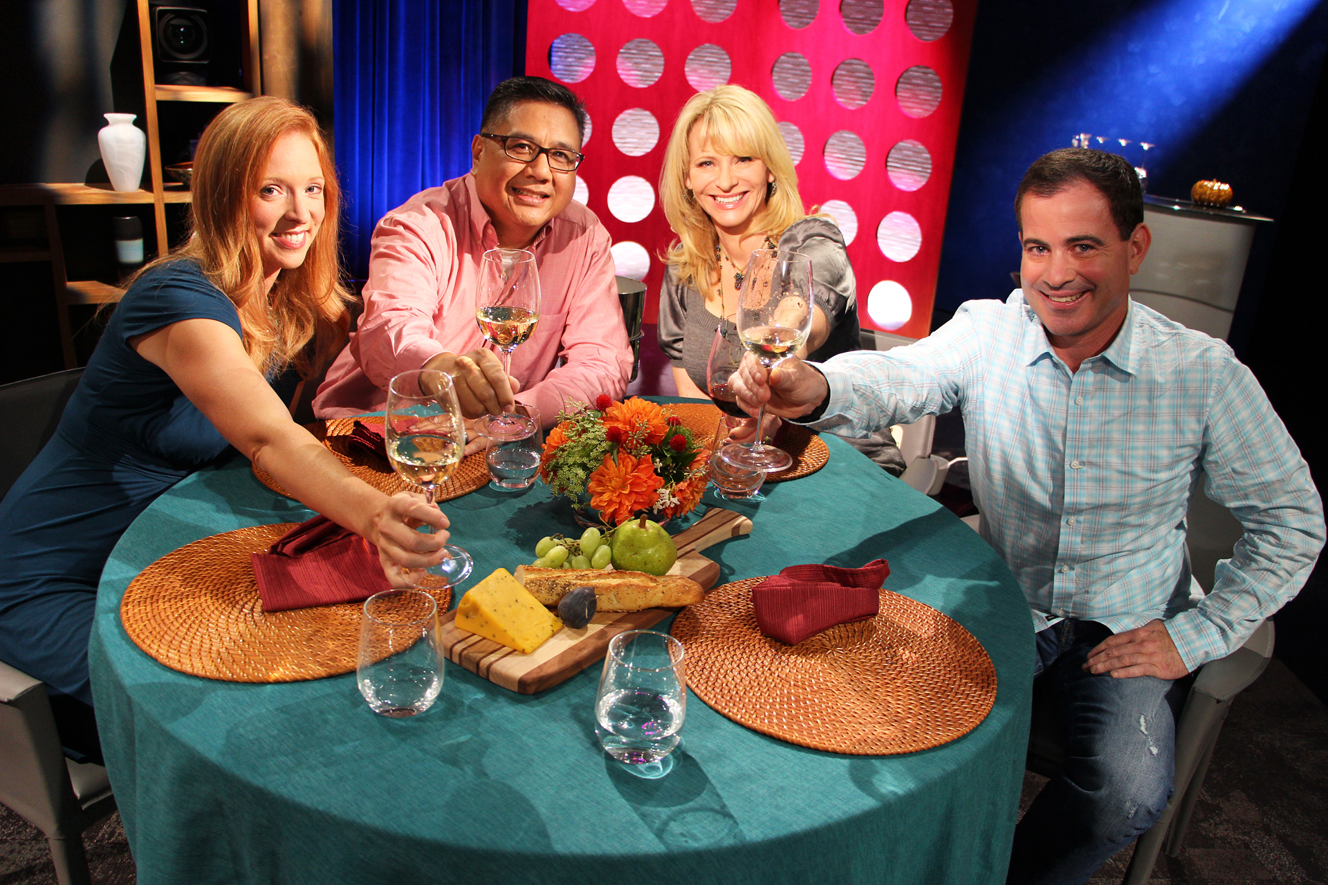 Check, Please! Bay Ares Host Leslie Sbrocco and guests on the set of the fifth episode of season 10.