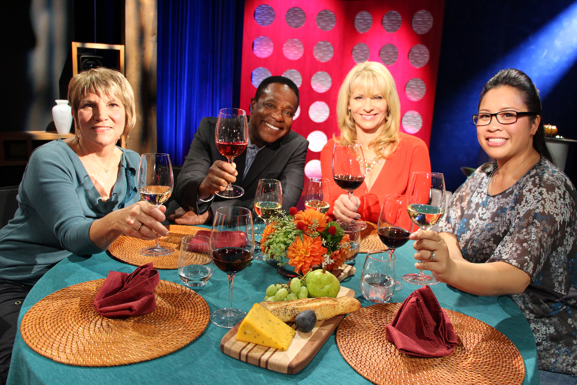 Check, Please! Bay Area Host Leslie Sbrocco and guests on the set of the sixth episode of season 10.