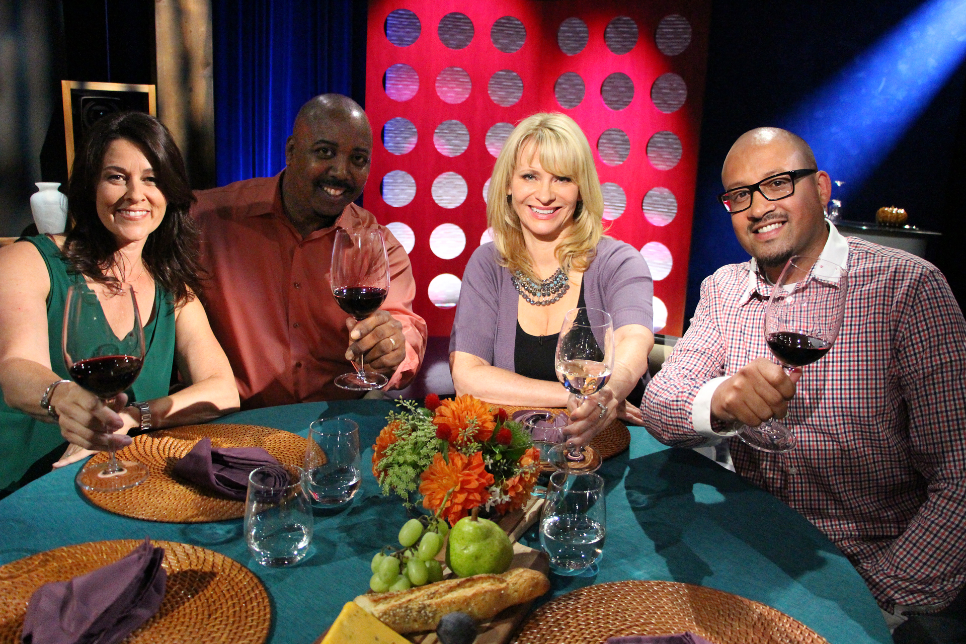 Check, Please! Bay Area Host Leslie Sbrocco and guests on the set of the seventh episode of season 10.