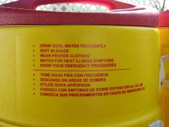 Water cooler imprinted with heat safety tips. Photo: Sasha Khokha