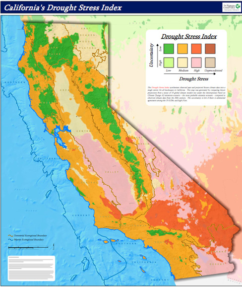Map from The Nature Conservancy showing projected drought conditions for 2070-2100
