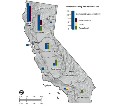 Map shows where Californians are "overdrawn" in their water use. (Source: PPIC/Managing California's Water)