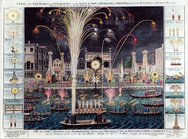 A view of the Fire-workes and Illuminations at his Grace the Duke of Richmond's at White-hall and on the River Thames, on Monday 15 May, 1749 (hand-coloured engraving)