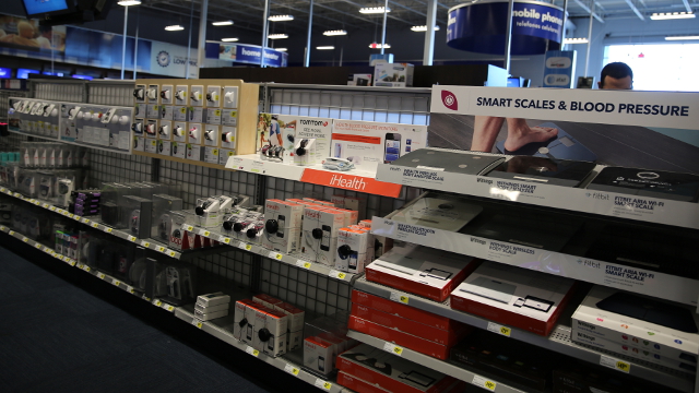 Chris Collier’s journey on public transportation: 75 minutes, 6.4 miles. A row of electronic health monitoring devices at a Best Buy store in San Francisco. Photo by Arwen Curry / KQED QUEST