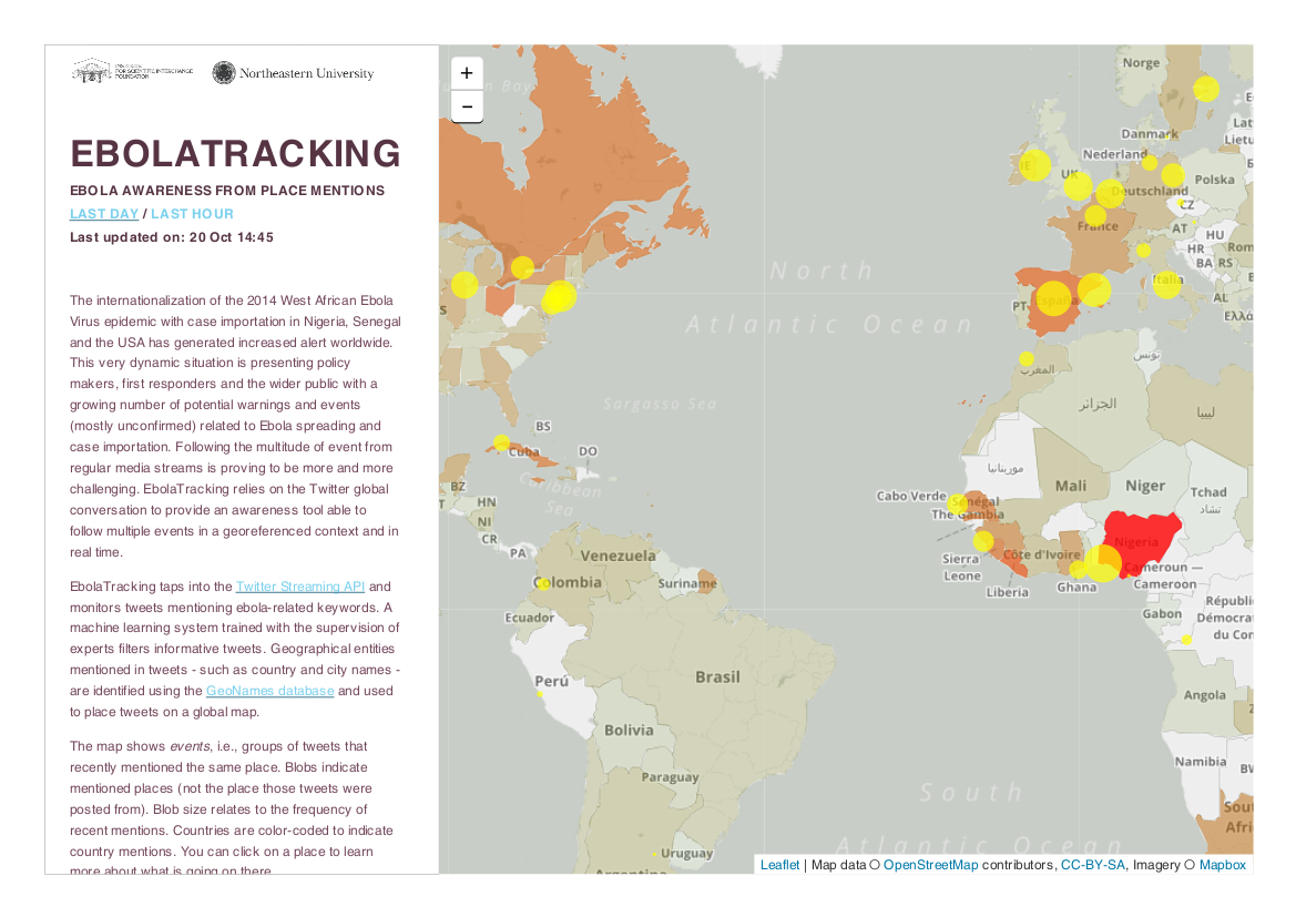 Screenshot of a real-time Ebola tracking map from researchers at Northeastern 
