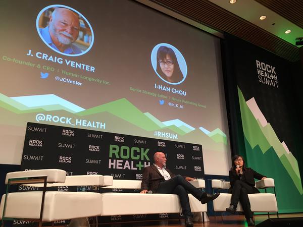 Craig Venter speaking at the Rock Health Summit.