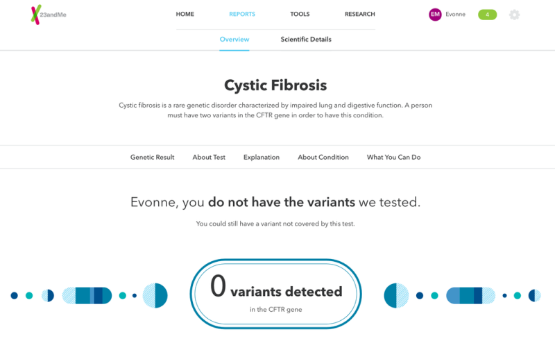 23andMe informs you whether you have a variant that is associated with Cystic Fibrosis. 