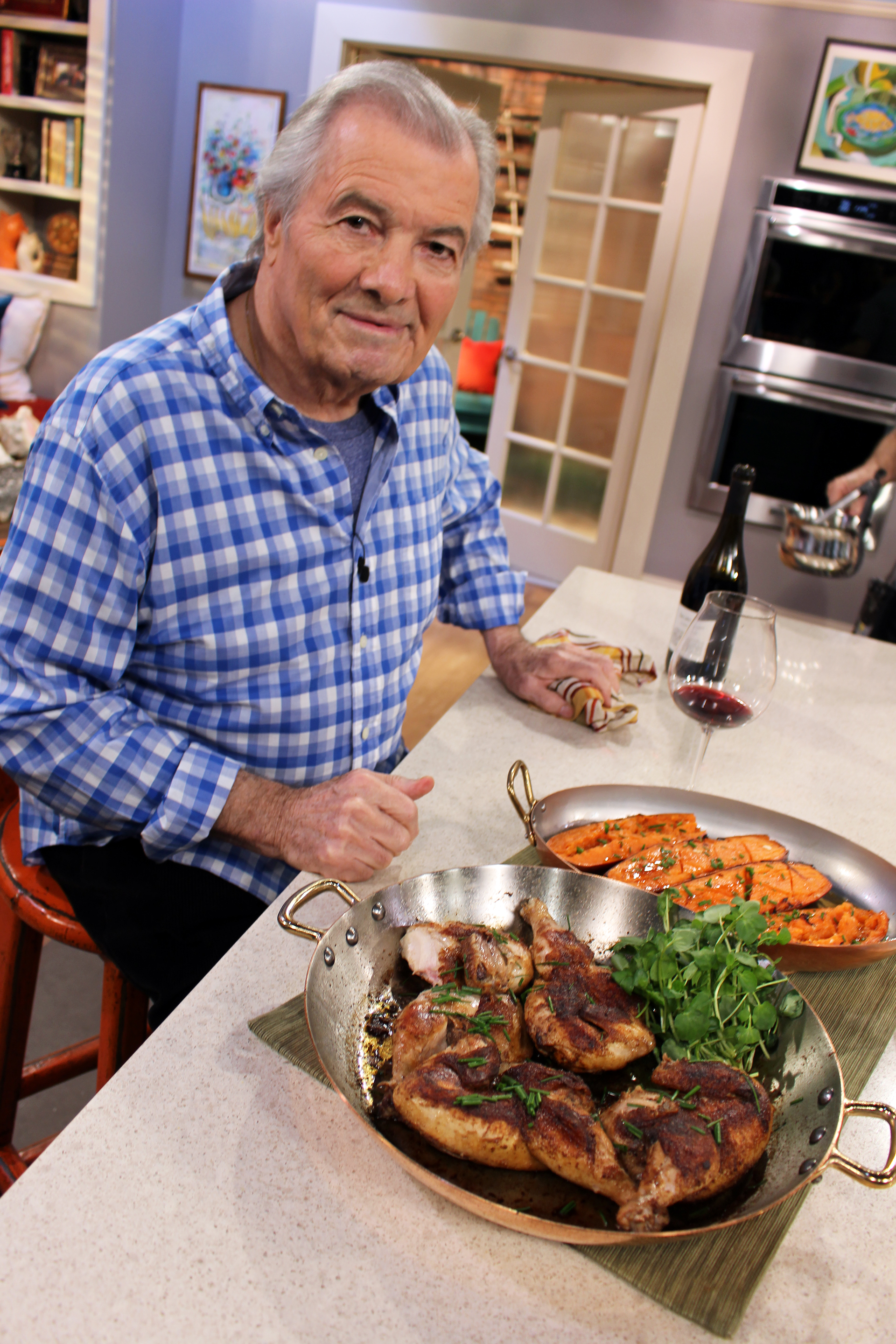 Jacques on the set of Heart & Soul with Poussins (or Cornish Hens) à la Russe and Broiled Maple Sweet Potatoes. 