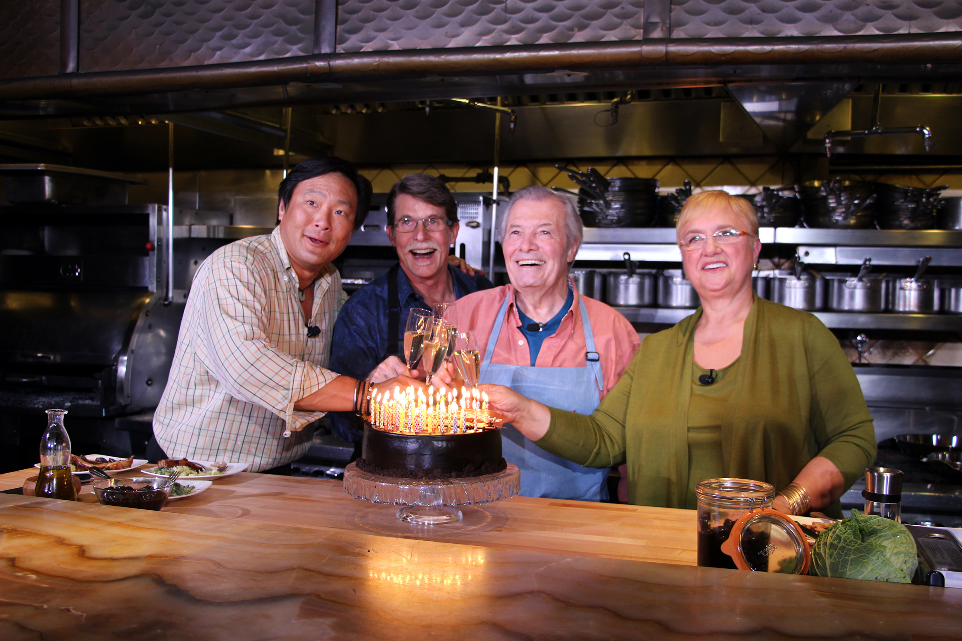 Jacques Pepín’s 80th birthday toast with Ming Tsai, Rick Bayless and Lidia Bastianich.