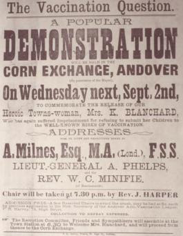 Notice of a demonstration at Andover Town Hall (England) in support of an anti-vaxxer on her release from imprisonment for refusing to allow her children to be vaccinated (date unknown). (Courtesy of MicroBiology Today).