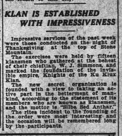 An Atlanta Constitution clipping from Nov. 28, 1915 describing the Klan re-establishment atop Stone Mountain.