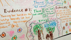 A student project depicting themes in Alice Walker's novel "The Flowers" hangs on a classrom wall. (Katrina Schwartz/KQED)