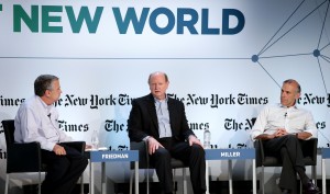 Thomas Friedman, Richard Miller and Tony Wagner discuss education at the Next New World Conference in San Francisco. (Neilson Barnard/Getty Images)