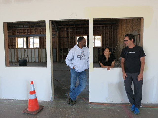 Epic's founding staff at the soon-to-be-completed site, from left: Michael Hatcher, principal; Reina Cabezas, teacher; Francis Abbatantuono, math coach.