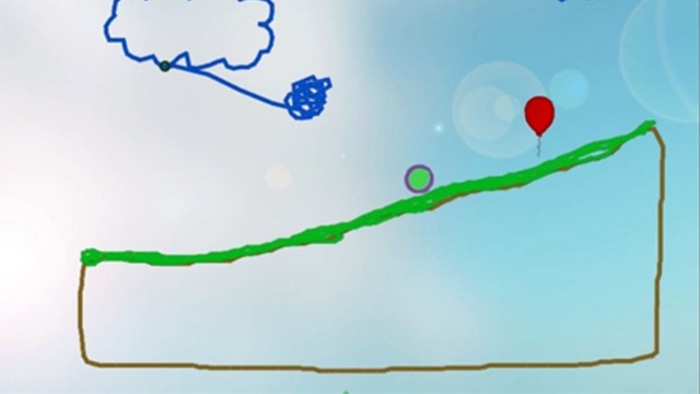Screenshot from Physics Playground, a game where middle school students draw agents of motion that will cause the green ball to hit the red balloon. (Physics Playground)