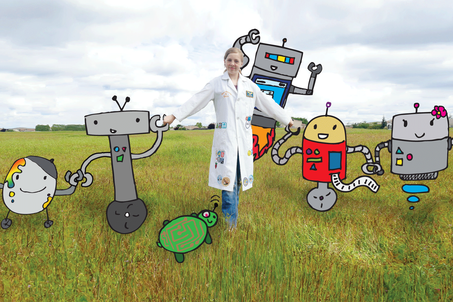 Super-Awesome Sylvia and her friendly robots. 