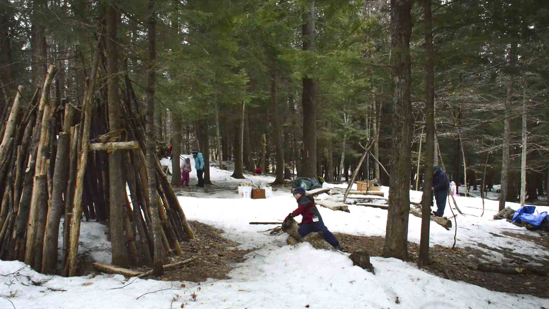 Students and teachers at the Forest Monday home site they’ve built in the woods next to their school in Quechee, Vermont. 