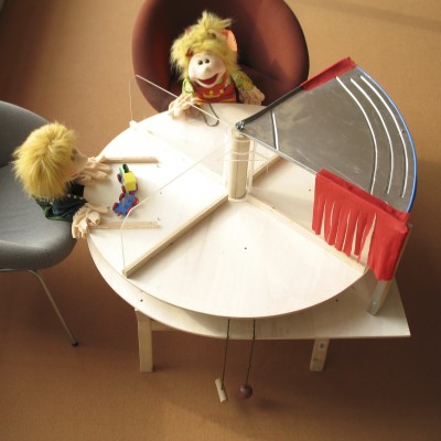 In some of the experiments, a puppet would "steal" a cookie from another puppet or the child by moving the turntable to place the treat in front of herself.