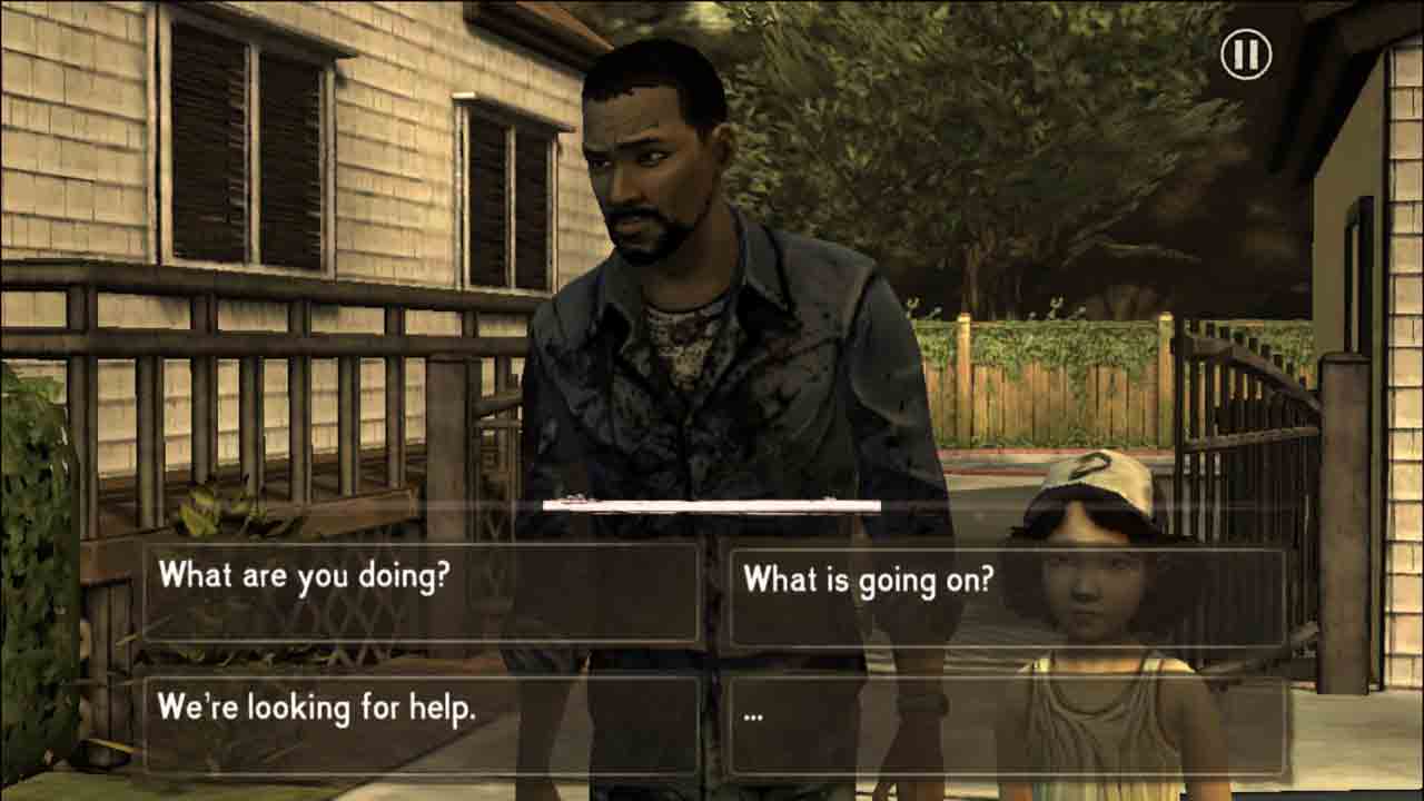 A screengrab of The Walking Dead game by TellTale Games. The player has to decide how to respond to a group of strangers. 