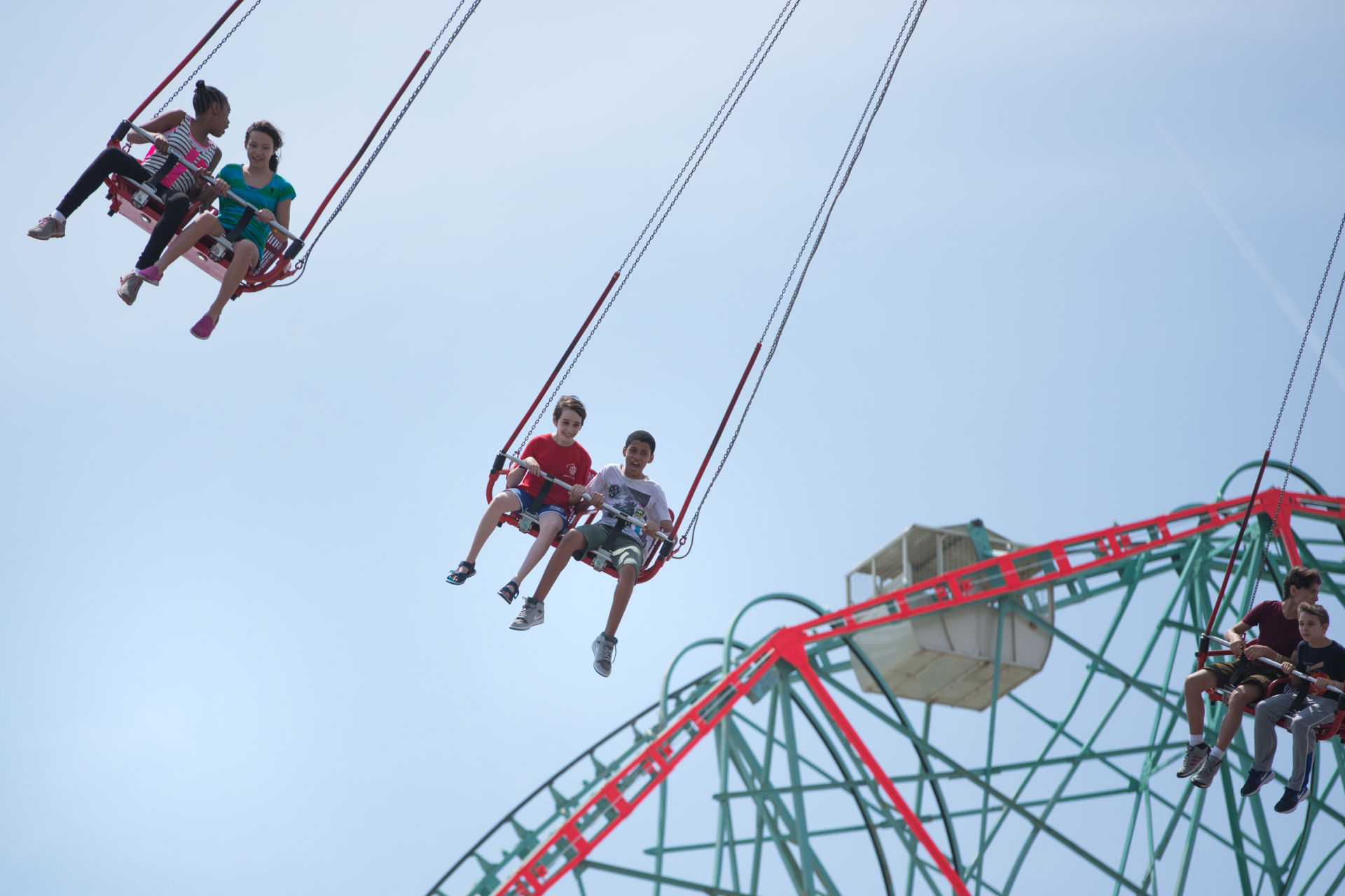 Etai Kurtzman, 12, and Terrell Gantt, 12, on a ride at Luna Park in Coney Island in Brooklyn, NY May 28, 2015. The group of students from Quest to Learn School took the day trip to Coney Island to analyze user experience on games and rides at Luna Park as part of  their late-spring school curriculum.  