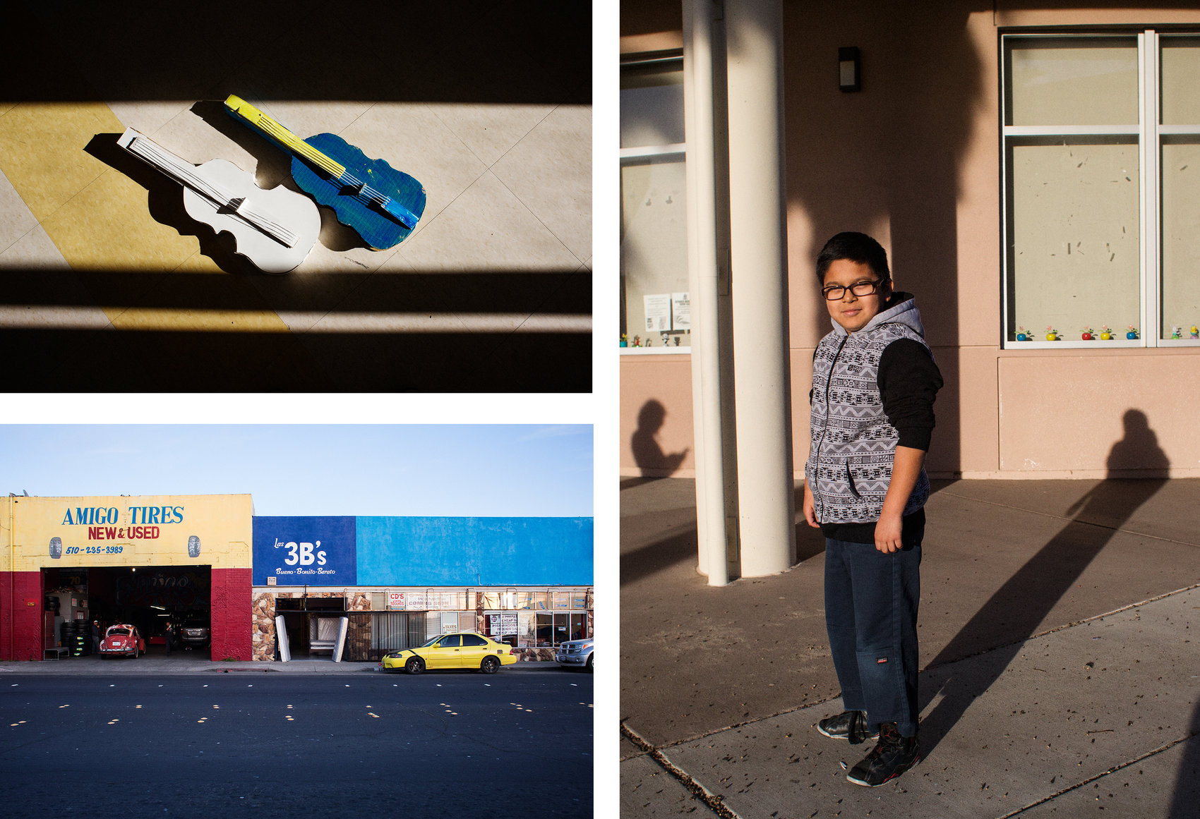 Clockwise from top left: Two cardboard violins lay on the ground; 11-year-old Carlos Garcia poses for a portrait; Downer is in a predominantly low-income district.