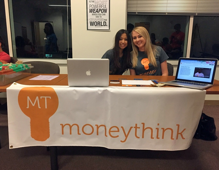 Brittany Bui (left) and AJ Wheatley, co-presidents of the Moneythink chapter at Chapman University in Orange, California, at last year's freshman activity fair. 
