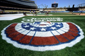 Opening Series logo on the grass at Dodgers Stadium.