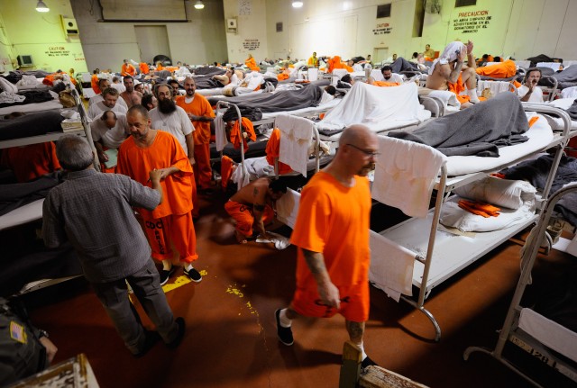 A gymnasium that was modified to house prisoners on December 10, 2010, at Chino State Prison — one of many California correctional institutions with a history of severe overcrowding. (Kevork Djansezian/Getty Images)