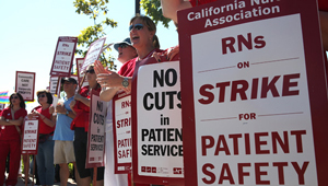 California nurses have returned repeatedly to picket lines in front of Sutter Hospitals since September, 2011 (Justin Sullivan/Getty)