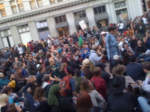 Protestors gather outside Oakland's Frank Ogawa Plaza