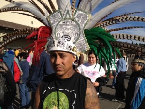 People performed traditional Aztec dances as part of the protest. (Photo by: Mina Kim/KQED)