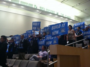 Fans of the San Jose Earthquakes packed the council chambers to urge the planning commission to approve the stadium. (Nina Thorsen/KQED)