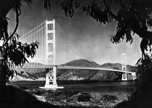 Picture dated 1950's of the Golden Gate bridge, in the San Francisco Bay.