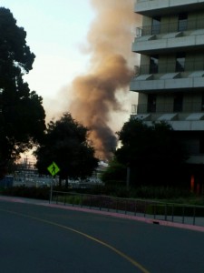 A fire at the Chevron Refinery in Richmond. (Aarti Shahani/KQED)