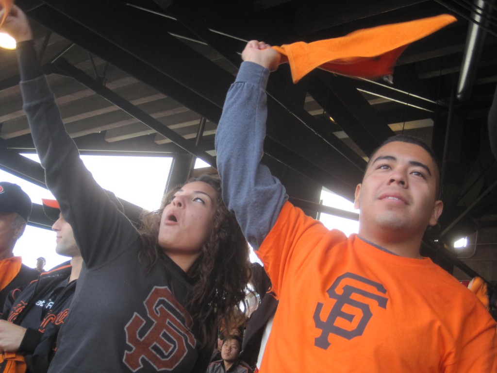 Cheering on the Giants. Photo by Scott Shafer/KQED.
