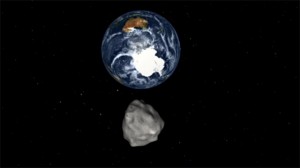 A simulation of asteroid DA14, captured from a  NASA video.