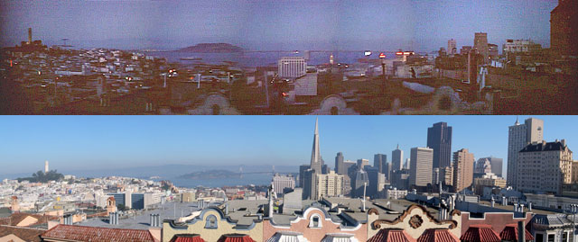 The view from the roof of 1302 Taylor St., which features in the opening sequence of "Vertigo." At top, how it appears in the movie; bottom, the view today. (Courtesy Reel SF)