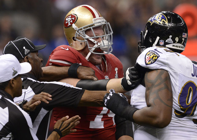 Much of the first half also was marked by skirmishes on the field. Here, Arthur Jones of the Ravens and Joe Staley of the 49ers scuffle. (TIMOTHY A. CLARY/AFP/Getty Images)