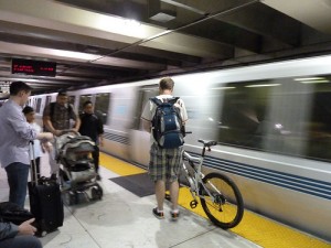 A bicyclist during the first "bikes on BART" trial program on Aug. 10, 2012. (Courtesy of sfbike/Flickr)